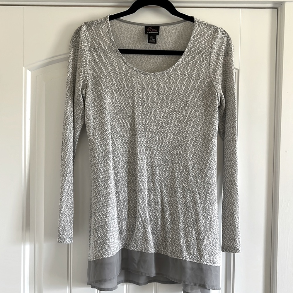 Motherhood sheer grey sweater with chiffon bottom detail, size S